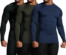 Load image into Gallery viewer, ATHLIO Men's UPF 50+ Long Sleeve Compression Shirts, Water Sports Rash Guard Base Layer, Athletic Workout Shirt, 3pack Black/Navy/Hunter Green