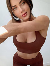 Load image into Gallery viewer, OQQ Workout Outfits for Women 2 Piece Seamless Ribbed High Waist Leggings with Sports Bra Exercise Set Coffee