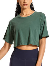 Load image into Gallery viewer, CRZ YOGA Women&#39;s Pima Cotton Workout Crop Tops Short Sleeve Yoga Shirts Casual Athletic Running T-Shirts Graphite Green Medium
