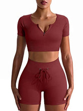 Load image into Gallery viewer, OQQ Workout Outfits for Women 2 Piece Seamless Ribbed High Waist Leggings with Sports Bra Exercise Set WineRed