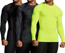 Load image into Gallery viewer, ATHLIO Men's UPF 50+ Long Sleeve Compression Shirts, Water Sports Rash Guard Base Layer, Athletic Workout Shirt, 3pack Utility Camo Black/Black/Neon