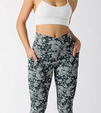 Load image into Gallery viewer, ODODOS Women's Cross Waist Yoga Leggings with Pockets, No See-Through Workout Running Pants-Inseam 28", Floral Charcoal, Small