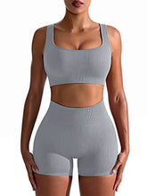 Load image into Gallery viewer, OQQ Workout Outfits for Women 2 Piece Seamless Ribbed High Waist Leggings with Sports Bra Exercise Set Silver Grey