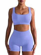 Load image into Gallery viewer, OQQ Workout Outfits for Women 2 Piece Seamless Ribbed High Waist Leggings with Sports Bra Exercise Set Purple