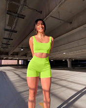 Load image into Gallery viewer, OQQ Workout Outfits for Women 2 Piece Seamless Ribbed High Waist Leggings with Sports Bra Exercise Set Grassgreen