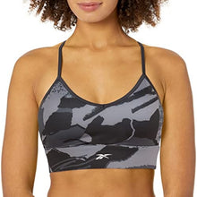Load image into Gallery viewer, Reebok Women&#39;s Standard Tri-Back Sports Bra, Light Support, Night Black/All Over Print, XX-Small
