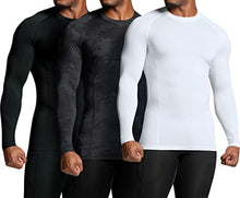 Load image into Gallery viewer, ATHLIO Men's UPF 50+ Long Sleeve Compression Shirts, Water Sports Rash Guard Base Layer, Athletic Workout Shirt, 3pack Black/Utility Camo Black/White