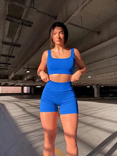 OQQ Workout Outfits for Women 2 Piece Seamless Ribbed High Waist Leggings  with Sports Bra Exercise Set Blue2 – The Home Fitness Corp