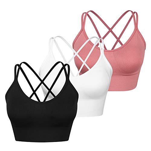 WANAYOU Cross Back Sport Bras 3 Pack Padded Strappy Criss Cross Yoga Bras for Workout Fitness Low Impact (3 Pack(Black+White+Pink), Medium)