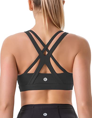 RUNNING GIRL Sports Bra for Women, Criss-Cross Back Padded Strappy Sports Bras Medium Support Yoga Bra with Removable Cups(2825 Black L)
