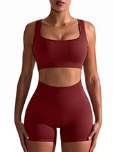 Load image into Gallery viewer, OQQ Workout Outfits for Women 2 Piece Seamless Ribbed High Waist Leggings with Sports Bra Exercise Set WineRed