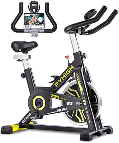 PYHIGH Indoor Cycling Bike Stationary Exercise Bike, Excersize Bike  Comfortable Seat Cushion, Belt Drive, Ipad Holder with LCD Monitor for Home  Cardio Workout Fitness Machine (Yellow)  The Home Fitness Corp