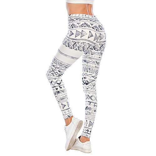 White Aztec Seamless Workout Leggings - Women’s Grey Yoga Leggings, Tummy Control Running Pants (Grey Ice, One Size)