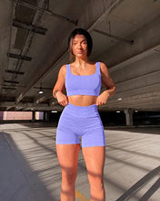 Load image into Gallery viewer, OQQ Workout Outfits for Women 2 Piece Seamless Ribbed High Waist Leggings with Sports Bra Exercise Set Purple