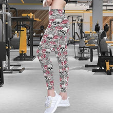 Load image into Gallery viewer, visesunny High Waist Yoga Pants with Pockets Pink Rose Flower Skull Soft Tummy Control Workout Leggings