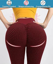 Load image into Gallery viewer, AIMILIA Textured Anti Cellulite Leggings for Women High Waisted Yoga Pants Workout Tummy Control Sport Tights - Y-tight-red