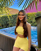Load image into Gallery viewer, OQQ Workout Outfits for Women 2 Piece Seamless Ribbed High Waist Leggings with Sports Bra Exercise Set Baby Yellow