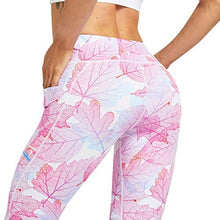 Load image into Gallery viewer, COOLOMG Women's Yoga Pants Printed Leggings Workout Running Tights with Side Pockets Leaves S + Headband