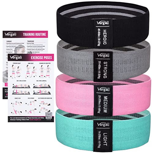 Vergali Fabric Booty Bands for Women Butt and Legs. Set of 4 Non Slip Cloth Resistance Working Out Band for Glute, Thigh, Squat with Workout Resistant Fitness Training Guide to Exercise at Home or Gym