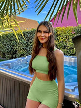Load image into Gallery viewer, OQQ Workout Outfits for Women 2 Piece Seamless Ribbed High Waist Leggings with Sports Bra Exercise Set Bamboogreen