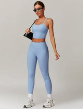 Load image into Gallery viewer, AGYMNX Workout Sets for Women 2 Piece High Waisted Seamless Butt Lifting Leggings Gym Yoga Outfit Stretchy Sports Bra Sets Sky Blue
