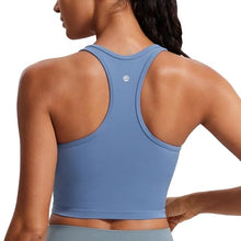 Load image into Gallery viewer, CRZ YOGA Butterluxe Womens Y-Back Racerback Longline Sports Bra - Padded Scoop Neck Workout Crop Tank Top with Built in Pads Oasis Blue
