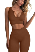 Load image into Gallery viewer, QINSEN Workout Outfits for Women 2 Piece Ribbed Seamless Crop Tank High Waist Yoga Leggings Sets Brown

