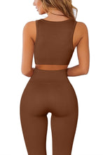 Load image into Gallery viewer, QINSEN Workout Outfits for Women 2 Piece Ribbed Seamless Crop Tank High Waist Yoga Leggings Sets Brown

