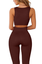 Load image into Gallery viewer, QINSEN Workout Outfits for Women 2 Piece Ribbed Seamless Crop Tank High Waist Yoga Leggings Sets,04 Coffee
