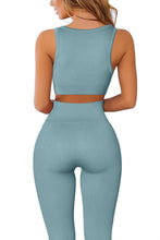 Load image into Gallery viewer, QINSEN Womens Yoga Pants Bodycon 2 Piece Outfits Cropped Tops High Waist Seamless Leggings 01 Blue
