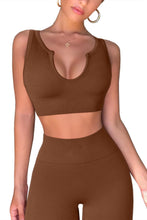 Load image into Gallery viewer, QINSEN Workout Outfits for Women 2 Piece Ribbed Seamless Crop Tank High Waist Yoga Leggings Sets Brown
