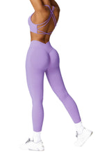 Load image into Gallery viewer, ABOCIW Seamless V Back Scrunch Lifting Leggings for Women Cross Back Strappy Sports Bra 2 Piece Gym Workout Sets Y-Purple
