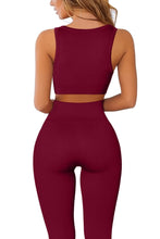 Load image into Gallery viewer, QINSEN Workout Outfits for Women 2 Piece Ribbed Seamless Crop Tank High Waist Yoga Leggings Sets (09 Wine)
