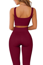 Load image into Gallery viewer, QINSEN GMY Yoga 2 Pieces Outfits Square Neck Sport Bra High Waist Leggings Fitted Workout Sets Wine

