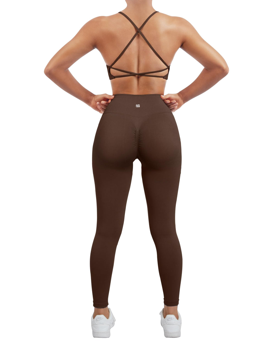 SUUKSESS Women Seamless 2 piece Workout Sets Strappy Padded Sports Bra Booty High Waisted Leggings Outfits (Deep Brown)