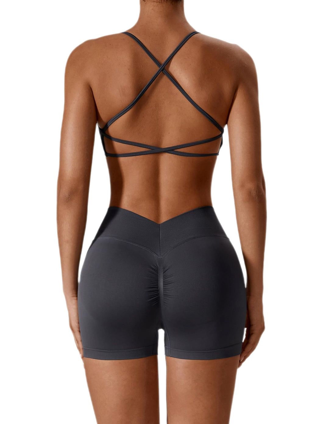 ABOCIW Women Seamless 2 Piece Workout Sets Cross Back Strappy Sports Bra V Back Scrunch Butt Lifting High Waist Booty Shorts Outfits Dark Green