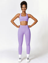 Load image into Gallery viewer, ABOCIW Seamless V Back Scrunch Lifting Leggings for Women Cross Back Strappy Sports Bra 2 Piece Gym Workout Sets Y-Purple
