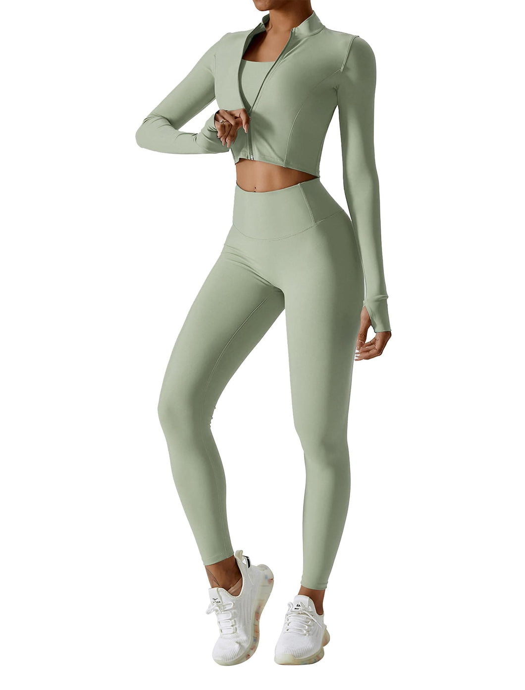 OMEWEE Workout Outfits for Women 3 Piece Long Sleeve Zip Up Cropped Jacket, Sports Bra and Tummy Control Leggings Light green