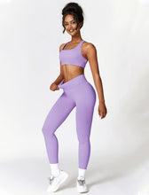 Load image into Gallery viewer, ABOCIW Seamless V Back Scrunch Lifting Leggings for Women Cross Back Strappy Sports Bra 2 Piece Gym Workout Sets Y-Purple
