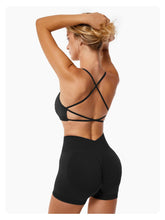 Load image into Gallery viewer, ABOCIW Workout Sets for Women Seamless V Back Scrunch Butt Lifting High Waist Biker Shorts Cross Back Sports Bra 2 Piece Yoga Gym Sets Black
