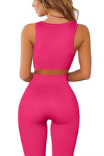 Load image into Gallery viewer, QINSEN Workout Outfits for Women 2 Piece Ribbed Seamless Crop Tank High Waist Yoga Leggings Sets Rosy Red

