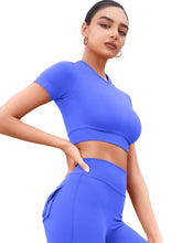 Load image into Gallery viewer, YEOREO Womens Short Sleeve Crop Tops Caliyta Seamless Workout Impact T Shirts Crew Neck Raglan Gym Yoga Tees Slim Fit Electric Blue
