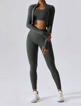 Load image into Gallery viewer, OMEWEE Workout Outfits for Women 3 Piece Long Sleeve Zip Up Cropped Jacket, Sports Bra and Tummy Control Leggings Grey
