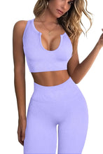 Load image into Gallery viewer, QINSEN Workout Sets for Women 2 Piece Ribbed Seamless Notch Neckline Padded Sport Bra High Waist Leggings GMY Yoga Outfit Light Purple
