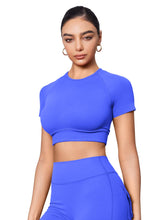 Load image into Gallery viewer, YEOREO Womens Short Sleeve Crop Tops Caliyta Seamless Workout Impact T Shirts Crew Neck Raglan Gym Yoga Tees Slim Fit Electric Blue
