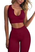 Load image into Gallery viewer, QINSEN Workout Outfits for Women 2 Piece Ribbed Seamless Crop Tank High Waist Yoga Leggings Sets (09 Wine)
