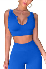 Load image into Gallery viewer, QINSEN Ribbed Womens 2 Piece Workout Sets Notch Neckline Crop Tank Seamless High Waist Yoga Leggings Gmy Outfit Sapphire Blue
