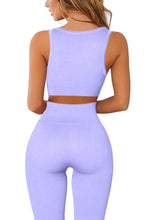 Load image into Gallery viewer, QINSEN Workout Sets for Women 2 Piece Ribbed Seamless Notch Neckline Padded Sport Bra High Waist Leggings GMY Yoga Outfit Light Purple

