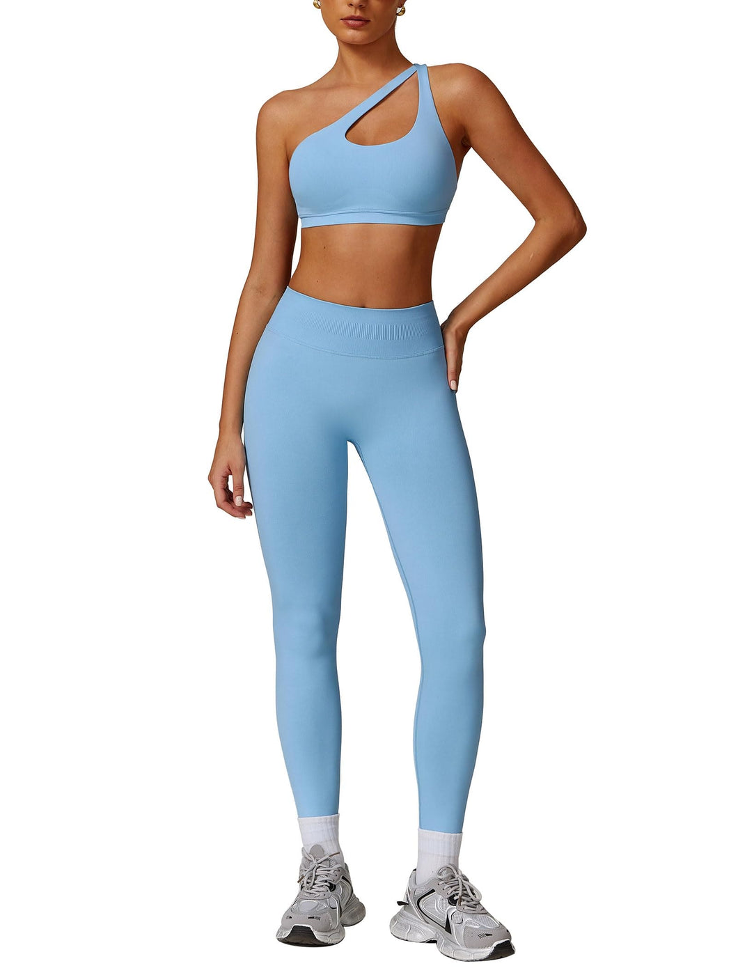 ABOCIW Workout Sets for Women 2 Piece Seamless High Waist Scrunch Butt Lifting Gym Leggings Cutout One Shoulder Sports Bra Yoga Outfits Blue