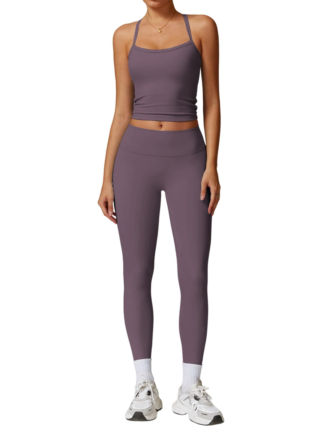 Womens Workout Sets Two Piece Seamless Stretch Cross Back Tank Top Matching Tummy Control High Waist Leggings Set 2 Piece For Women Gym Yoga Active Wear Outfits Athletic Work Out Clothes Purple